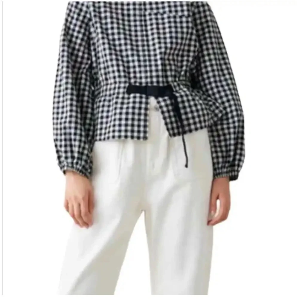 Zara Gingham Linen Blend Puff Sleeve Zipper Jacket Sz M